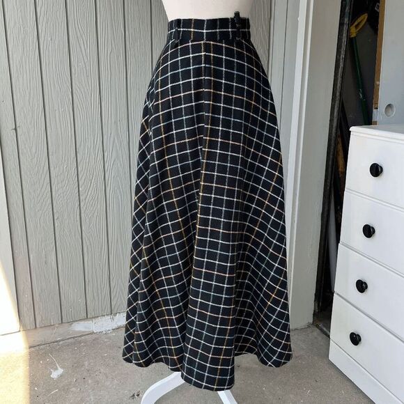 VTG 50s Full Circle Maxi Skirt w/ Pastel Plaid Lines on Black Wool Blend - Picture 1 of 14